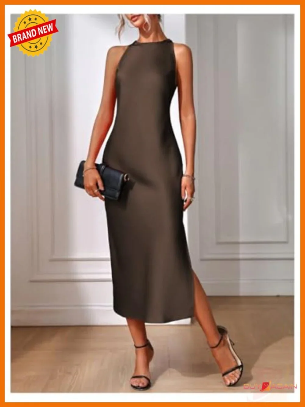 Women's Elegant Maxi Slit Cocktail Dress Sleeveless Crew Neck Button Back